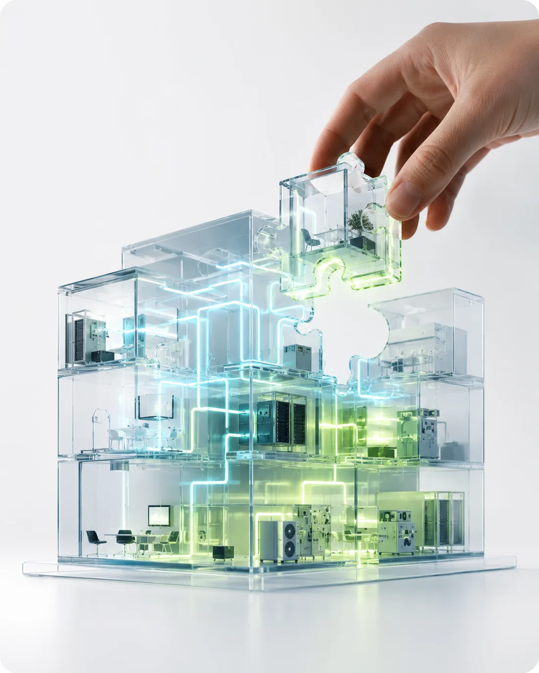 Transparentes Gebäudemodell, in das ein Baustein als Modul ergänzt wird